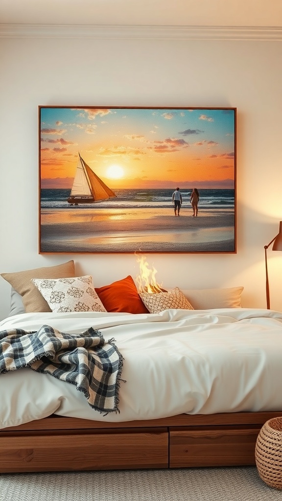 A cozy beach scene with a sunset, a sailboat, and two people walking on the shore, complemented by a warm indoor setting.