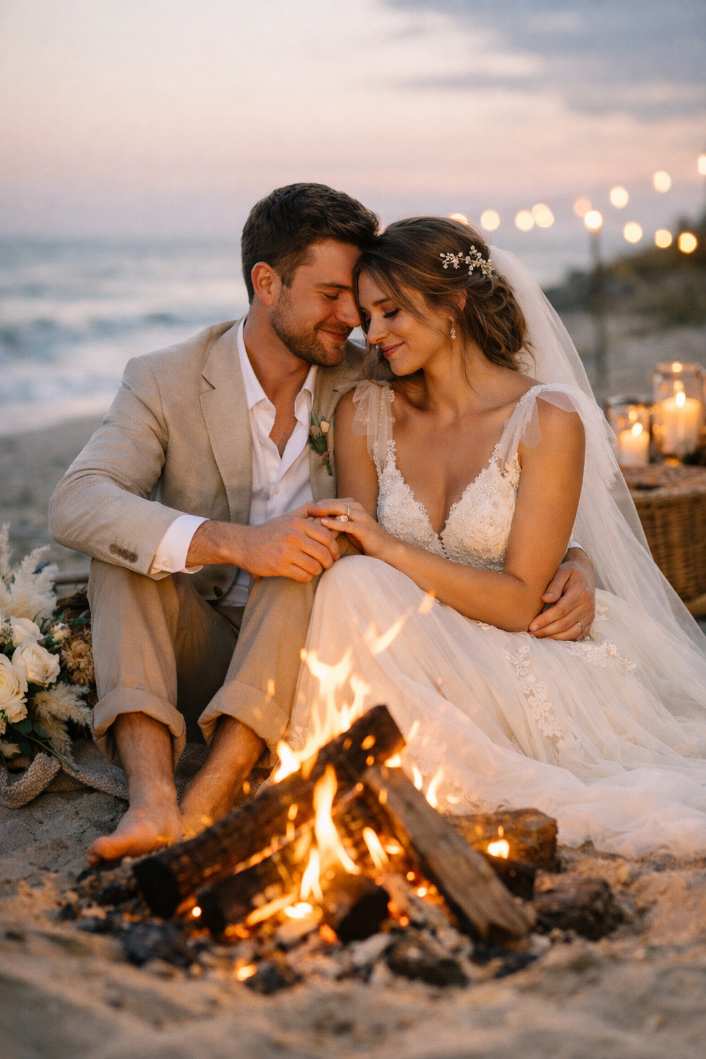 A couple sitting together by a beach bonfire during sunset, showcasing intimacy and romance.