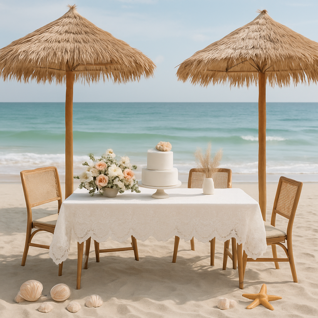 A beautifully arranged bridal shower table on the beach with a cake and floral centerpiece under straw umbrellas.