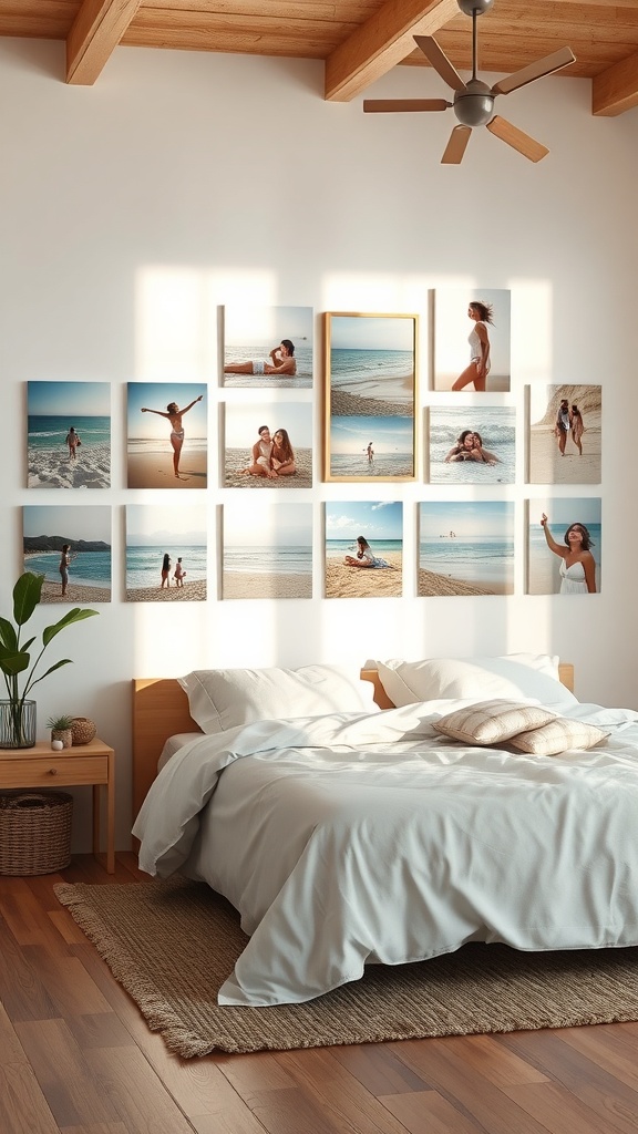 A cozy bedroom with beach-themed wall art featuring photographs of coastal living.
