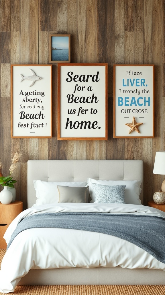 A cozy bedroom with beach-themed wall art featuring inspirational quotes about the beach.