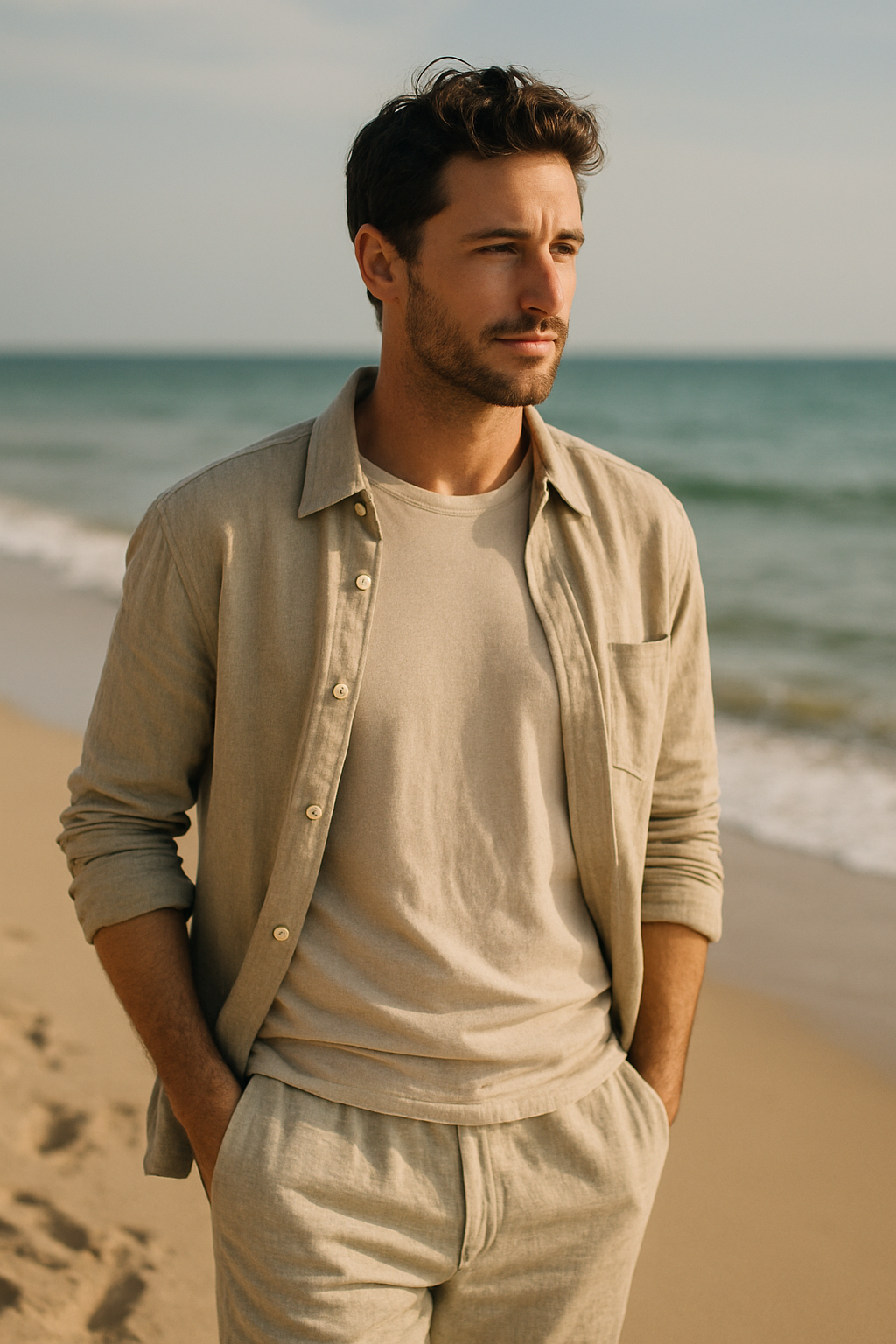 A man in a casual beach outfit featuring linen trousers and a t-shirt, standing by the shore.