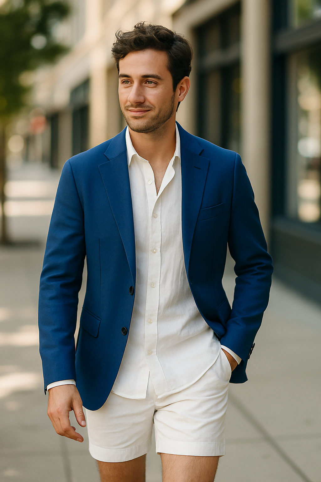 Man wearing a royal blue blazer with white shorts and a white shirt, walking outdoors.