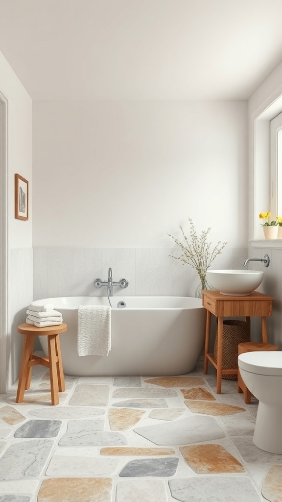 A modern bathroom featuring beach stone flooring, a freestanding tub, wooden accents, and a clean, minimalist design.