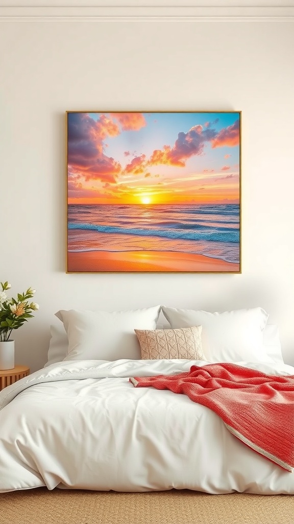A vibrant beach sunset painting with warm colors and gentle waves, displayed in a cozy bedroom setting.