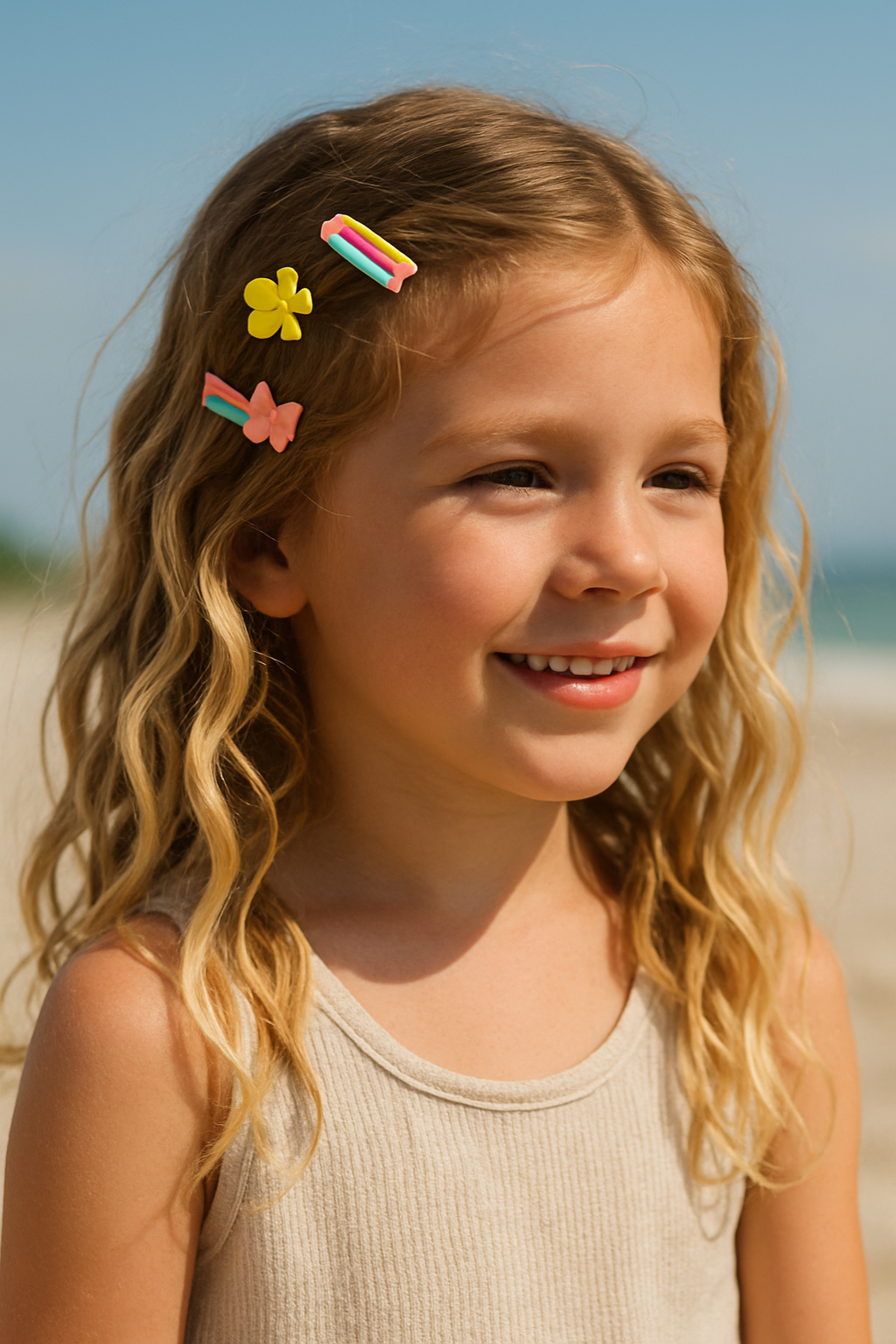 A young girl with beach waves hairstyle and colorful hair clips, smiling at the beach.