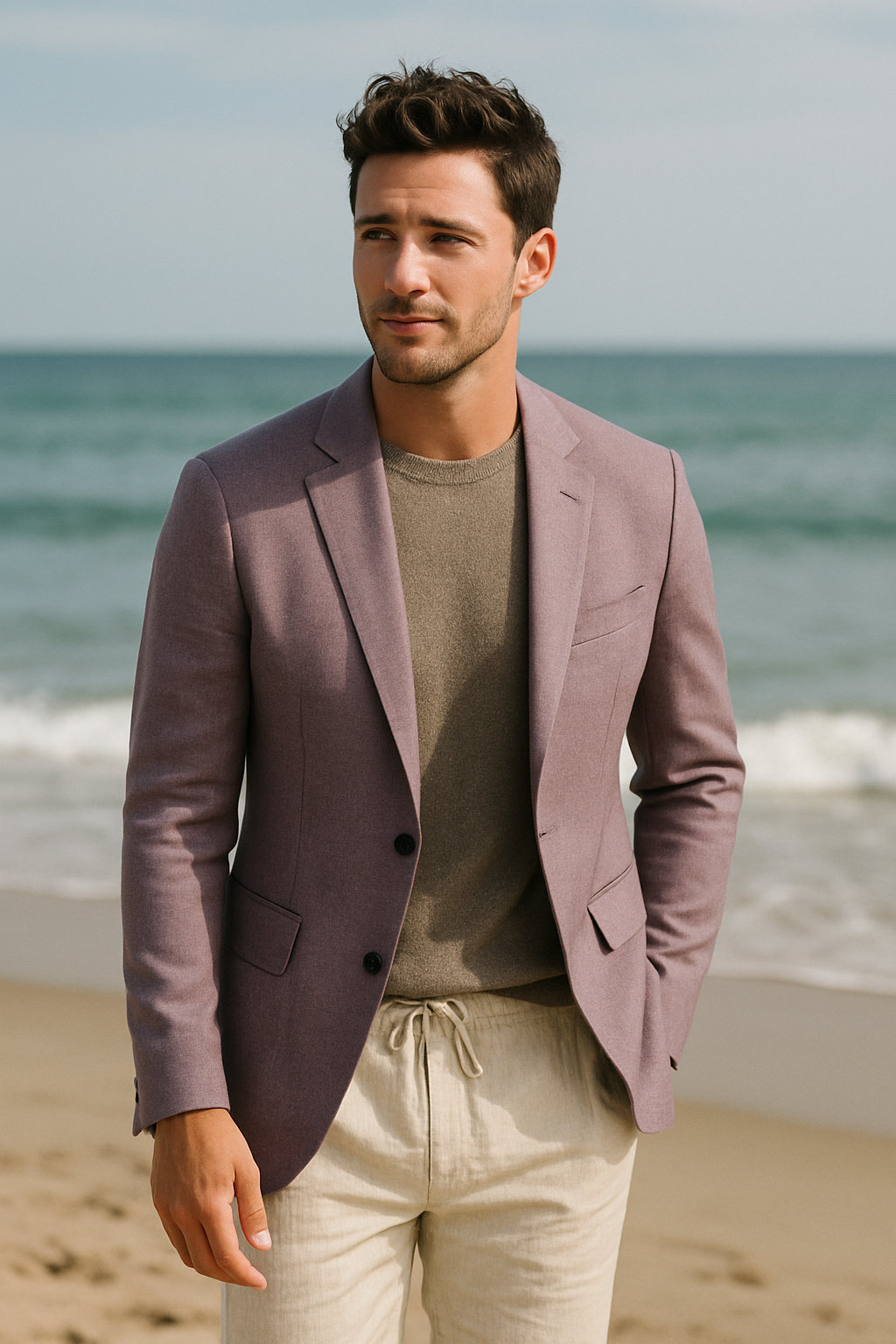 A man in a purple blazer and linen pants standing on the beach.
