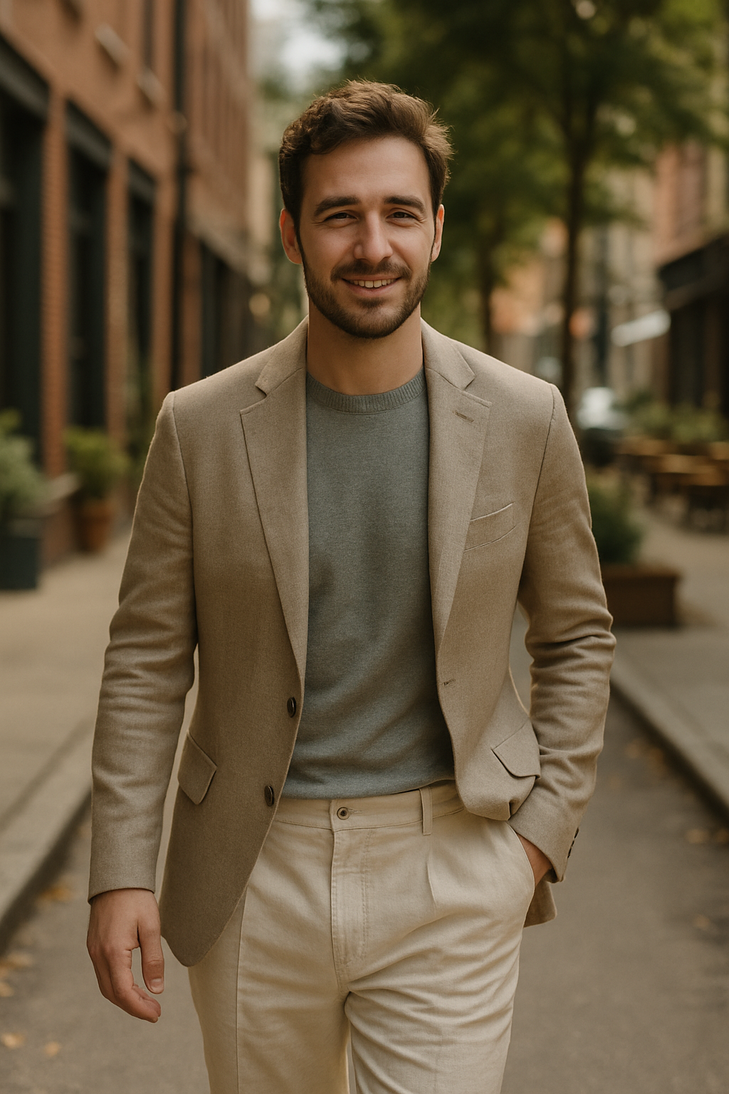 A man wearing a tan suit with a light sweater, smiling while walking down a street.