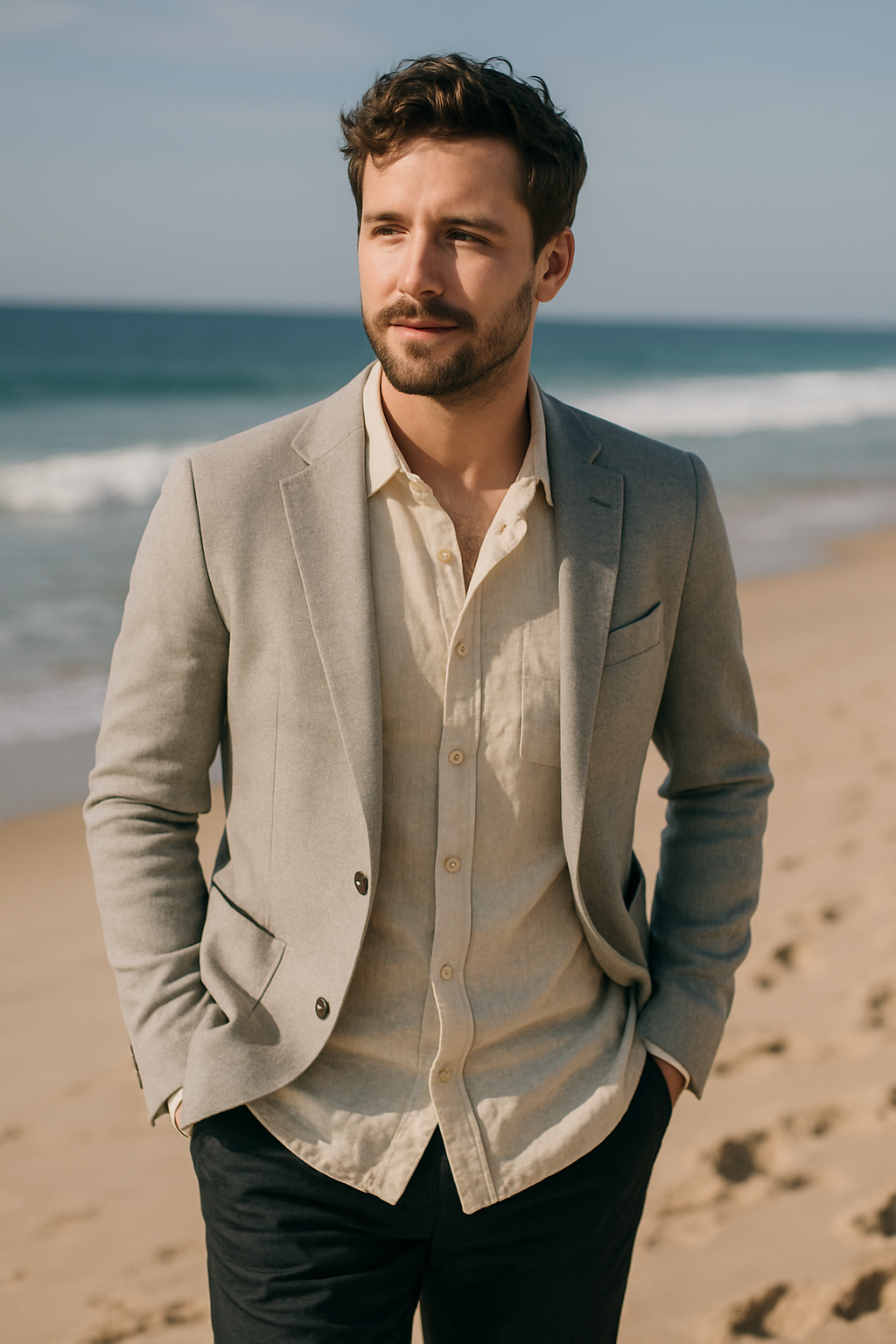Man in light grey blazer outdoors at the beach
