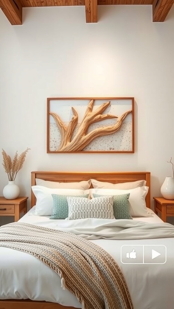 Driftwood art framed above a bed, with soft bedding and a cozy atmosphere.