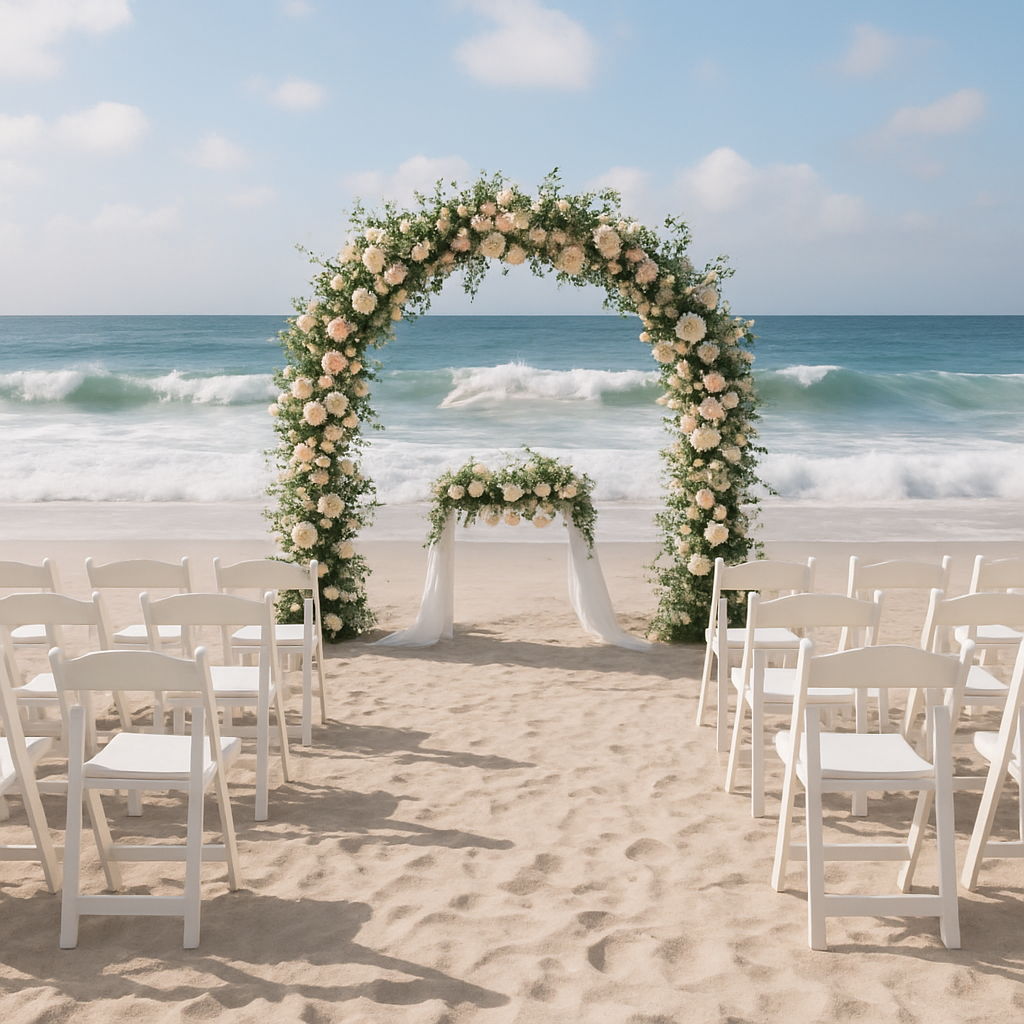 Beachfront wedding setup with floral arch and white chairs on the sand
