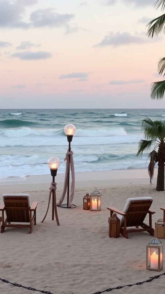 Image of a beachside setting with chairs, lanterns, and a serene ocean view.