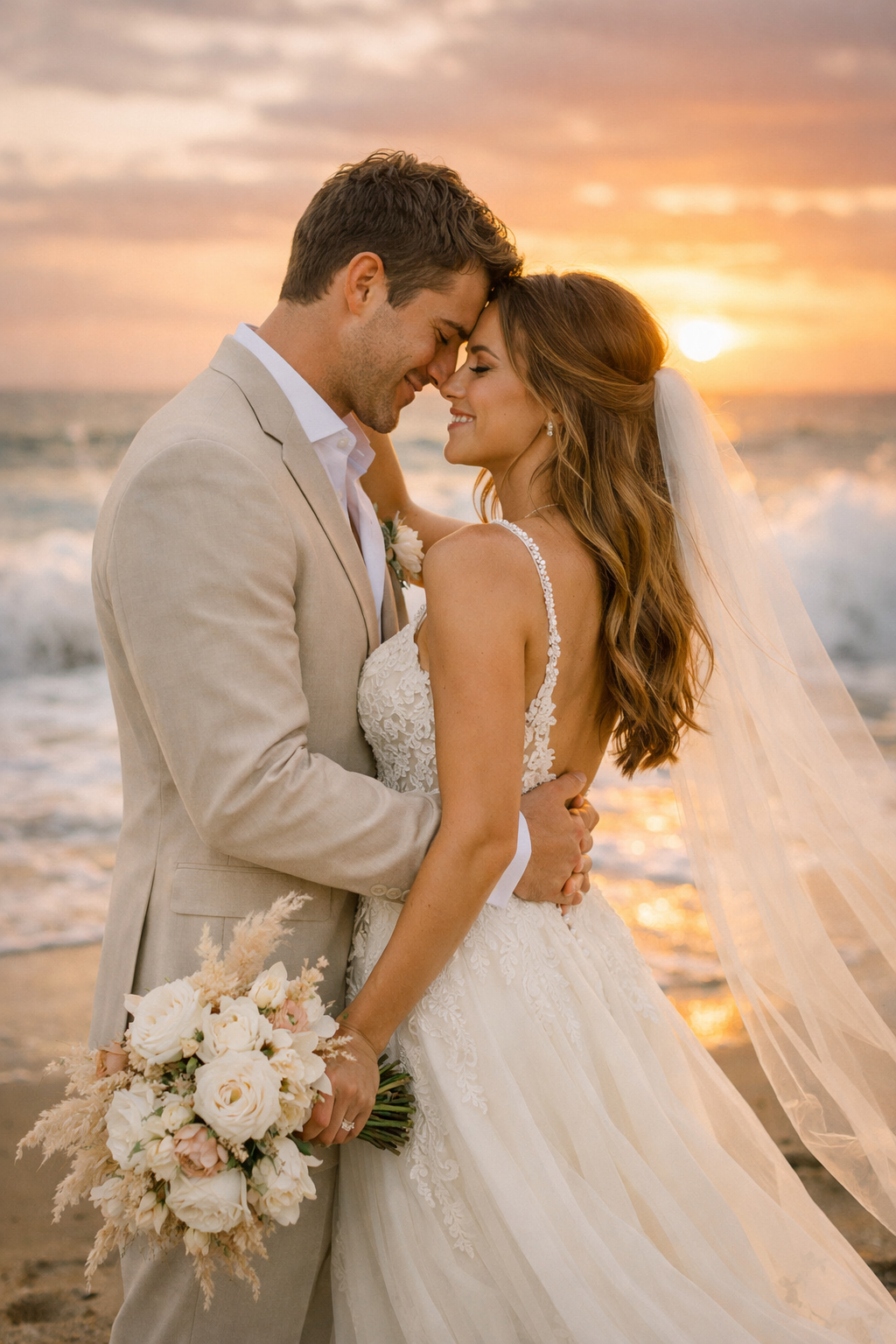 A couple sharing an intimate moment at the beach during sunset, with the bride holding a bouquet and the groom in a light suit.