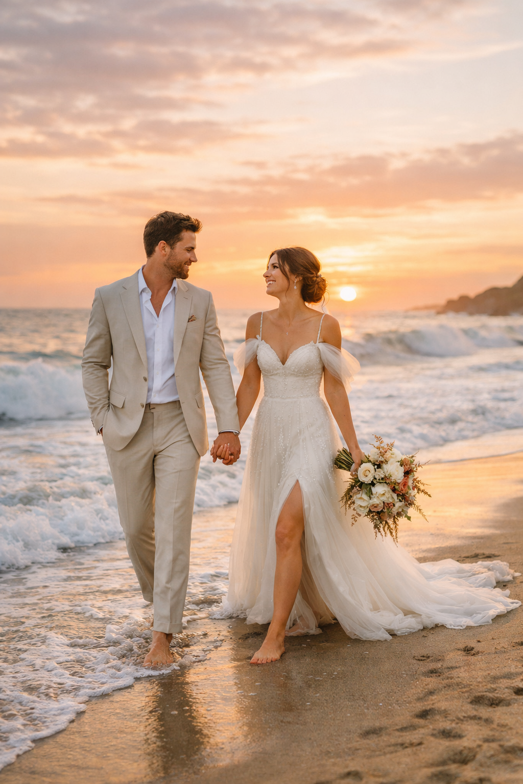 Couple walking hand in hand on the beach at sunset, with waves around their feet.