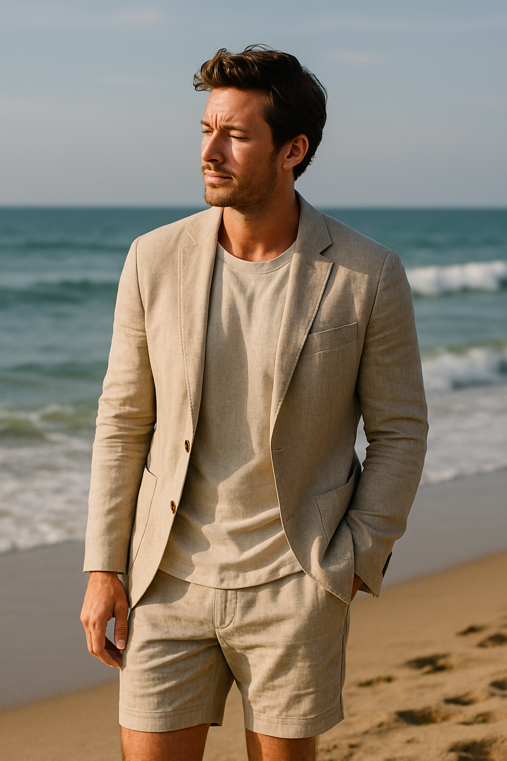 A man wearing a beige linen blazer and shorts standing on the beach with the ocean in the background.