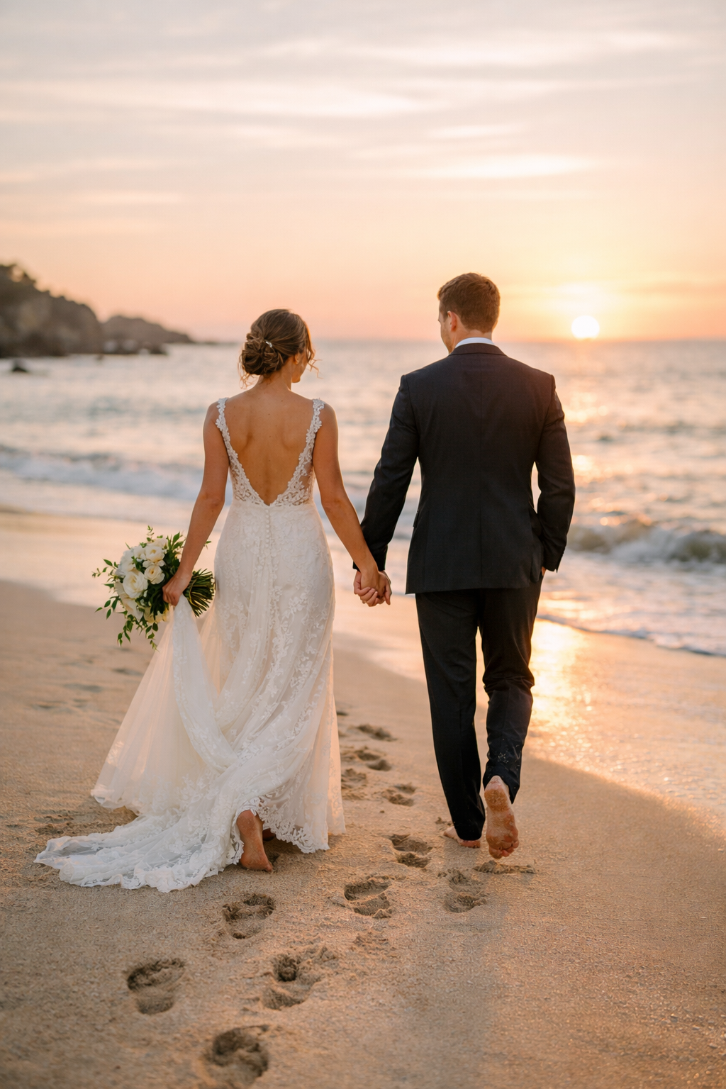A couple walking hand in hand on the beach during sunset, with footprints in the sand.