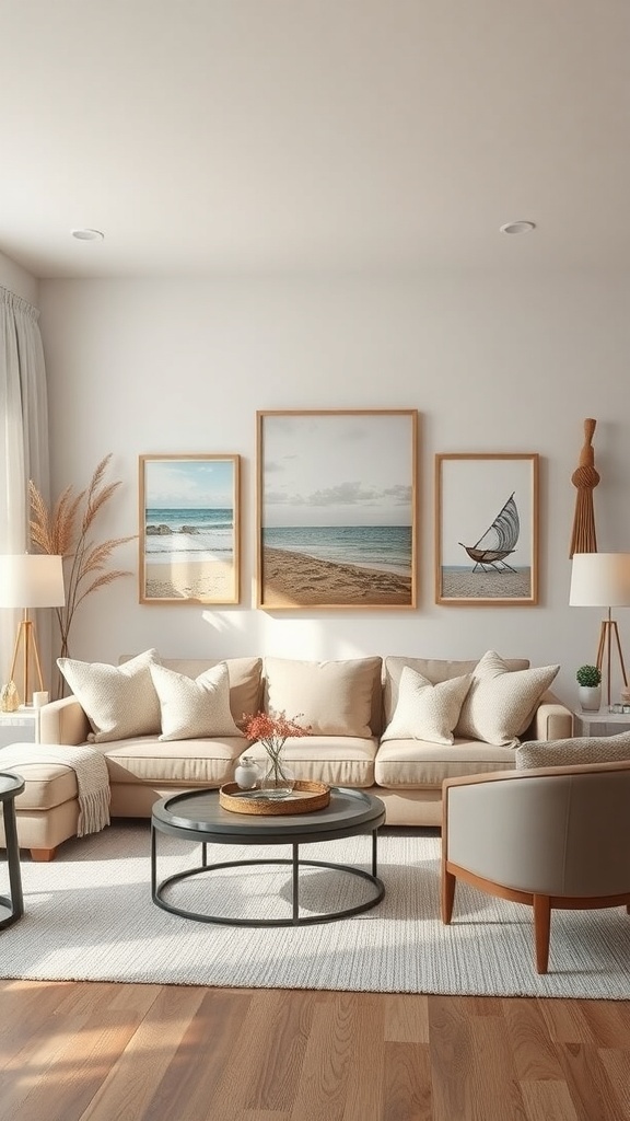 A cozy coastal living room featuring beach-themed artwork and wall hangings.