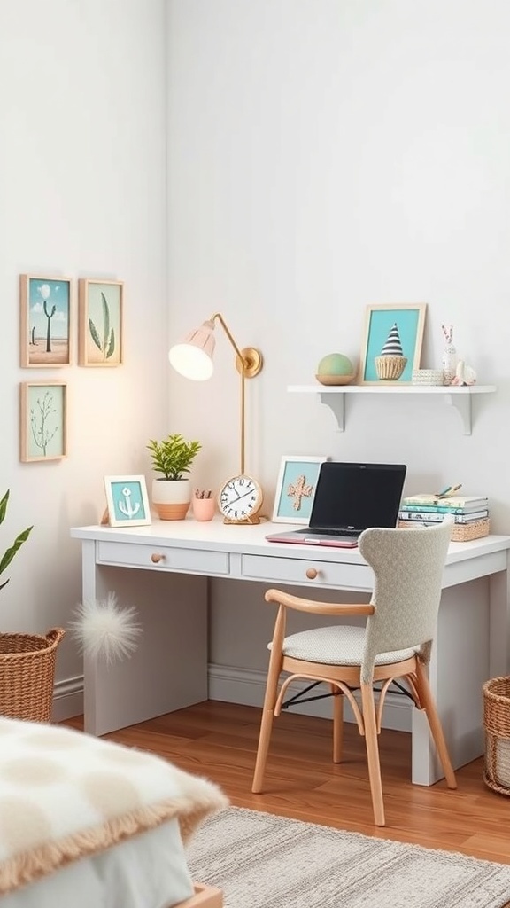 A coastal themed desk setup featuring a white desk, laptop, decorative items, and a lamp.