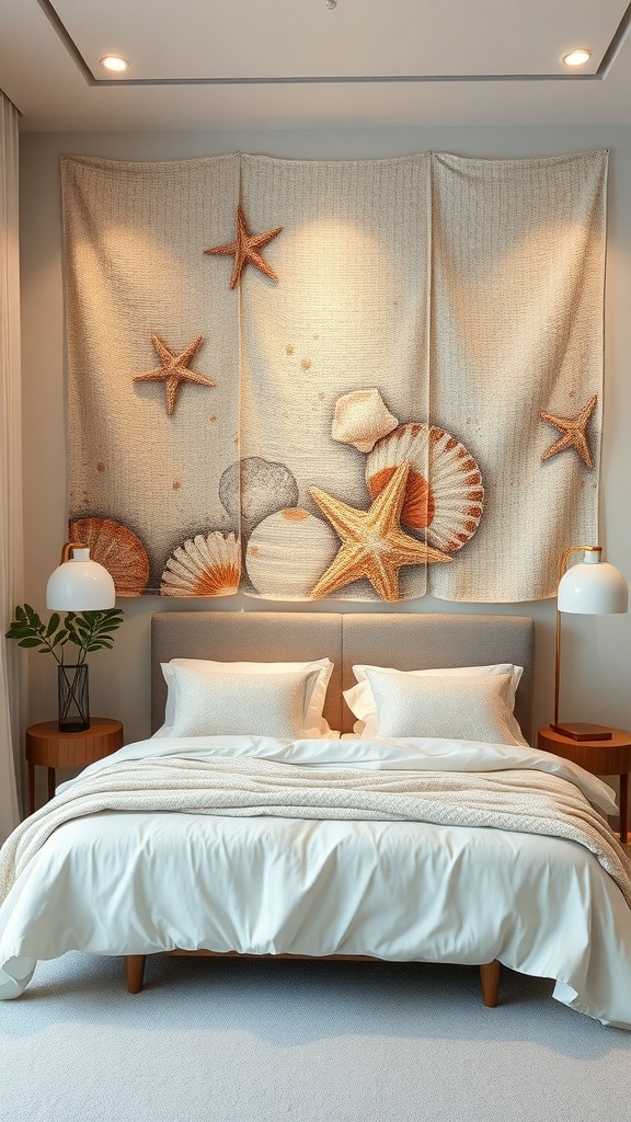 Textured fabric wall hanging featuring seashells and starfish above a bed in a cozy room.
