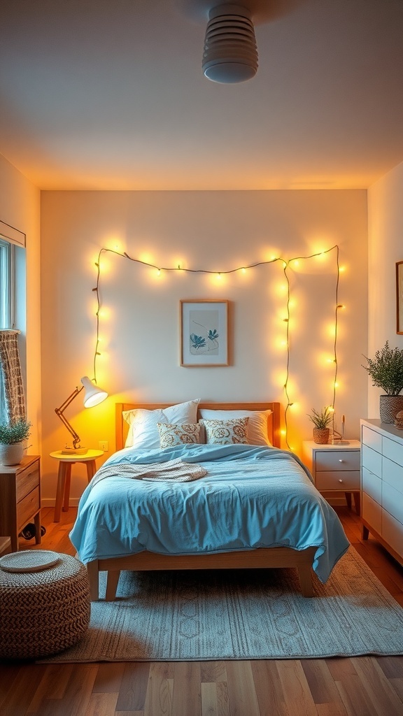 A cozy coastal teen bedroom with string lights illuminating the walls.