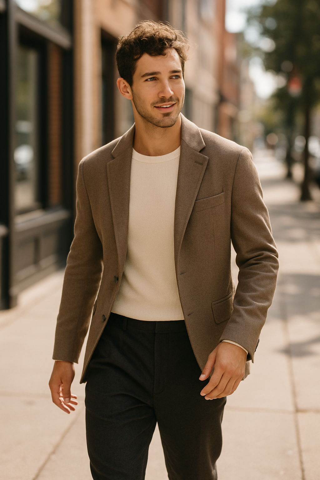 A man in a casual outfit featuring black linen pants, walking confidently down a sunlit street.