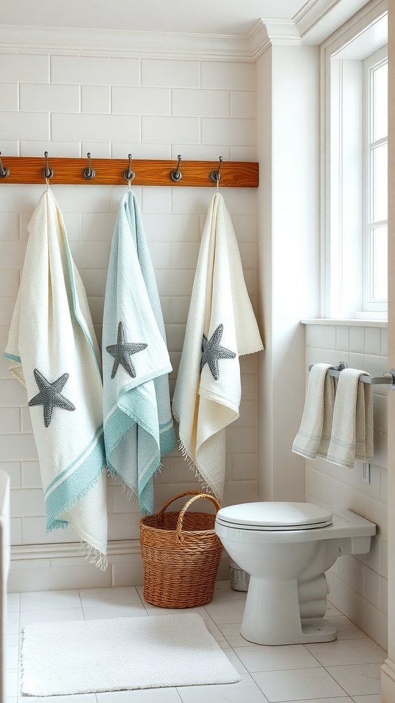 Coastal bathroom with starfish towels and a woven basket