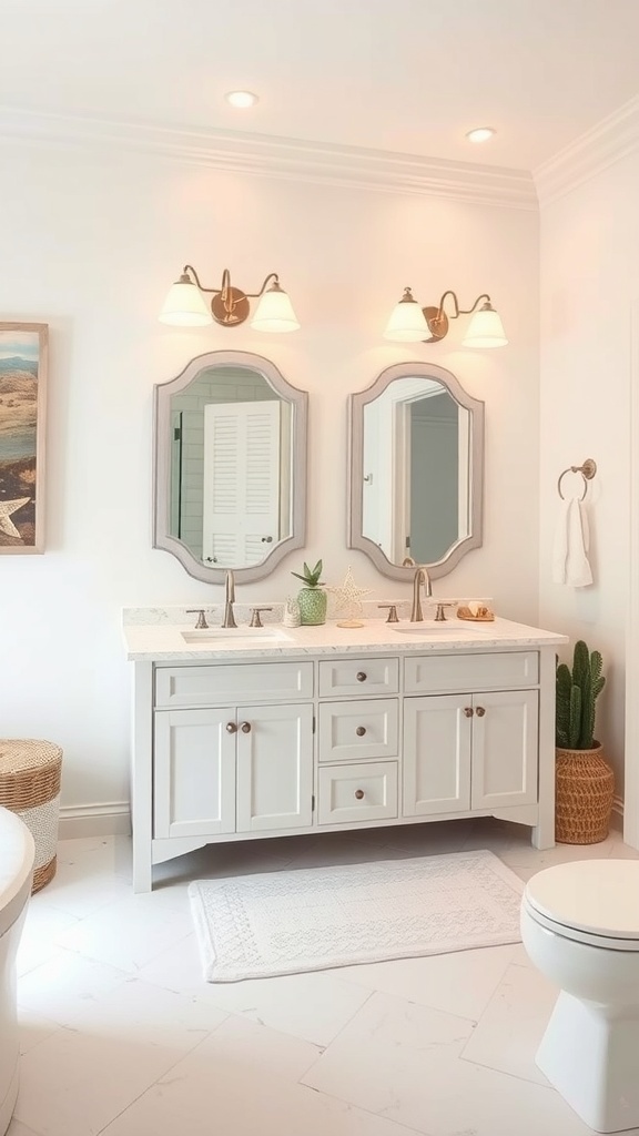 A stylish dual vanity bathroom with a clean, beach-inspired design featuring white cabinetry and natural accents.