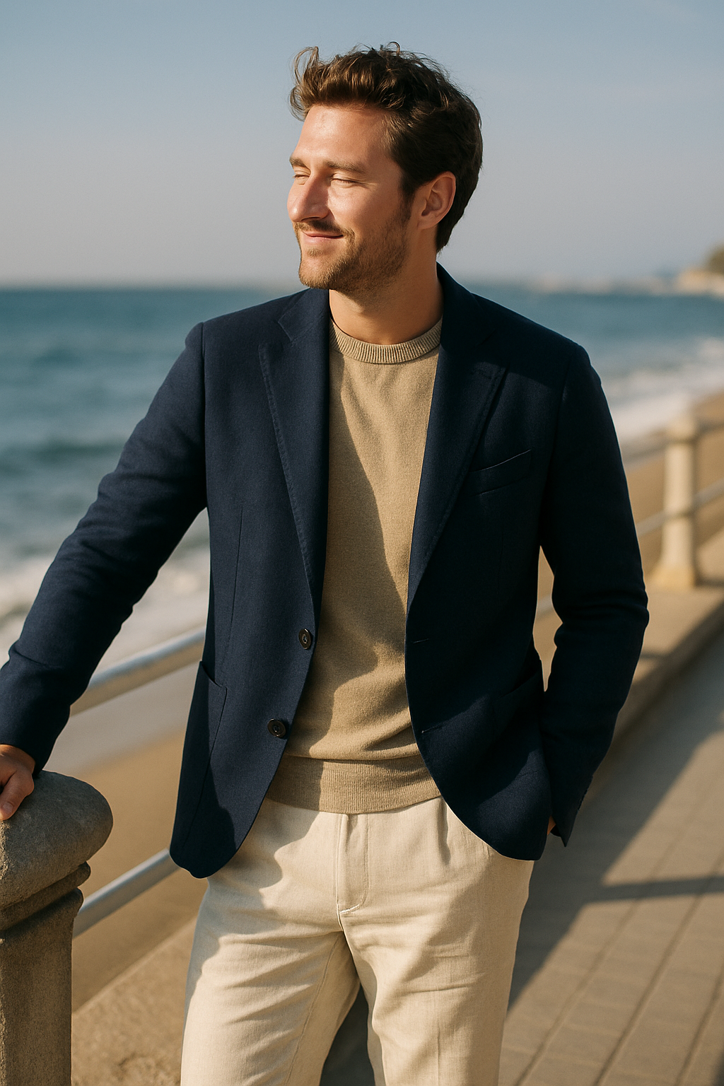 A man in a navy blue blazer and light linen pants standing by the beach