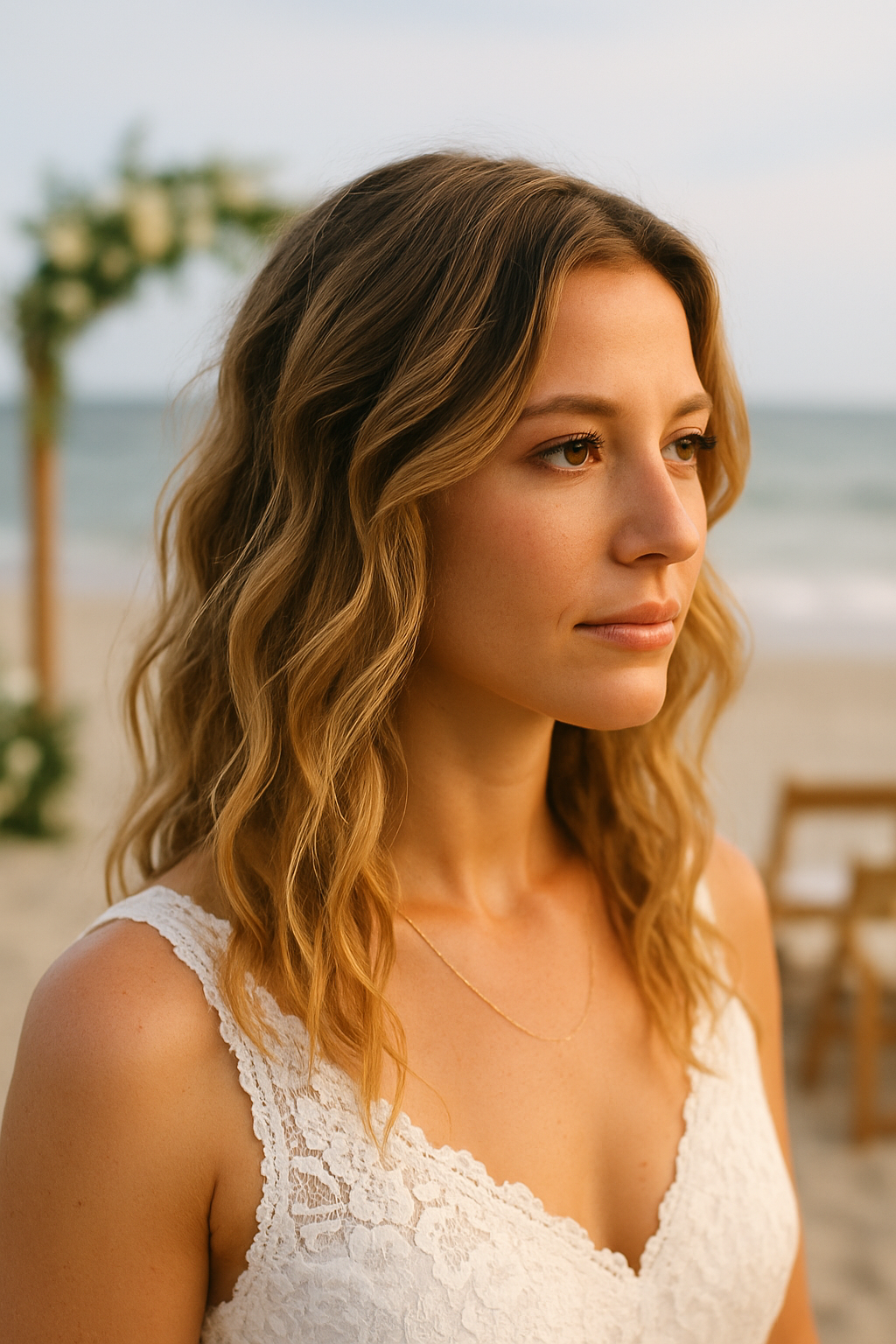 A woman with beachy waves hairstyle at a beach wedding