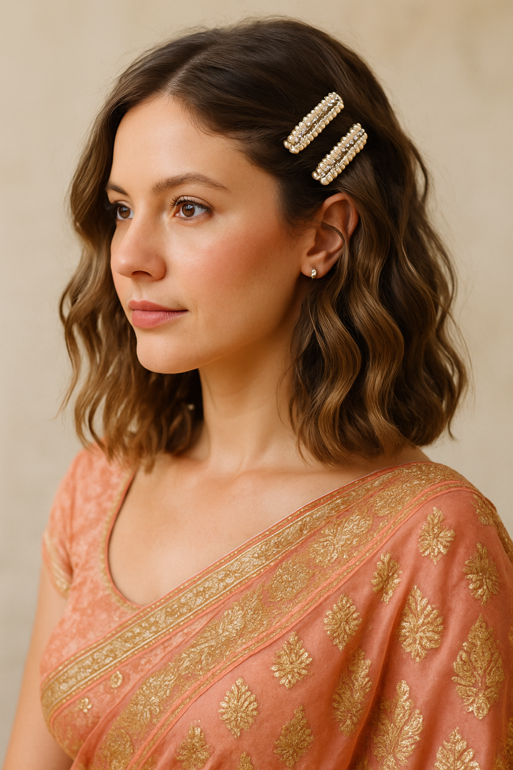 A woman with beachy waves and pearl hair clips, wearing an Indian wedding saree.