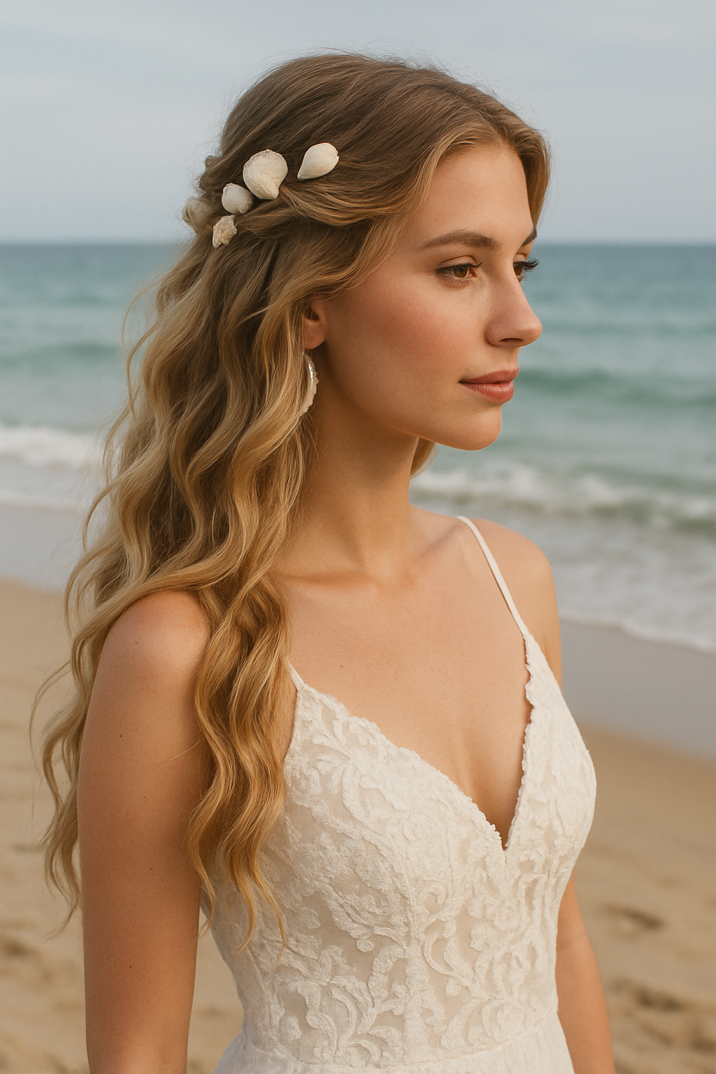 A bride with beachy waves and seashell accents in her hair, standing by the ocean.