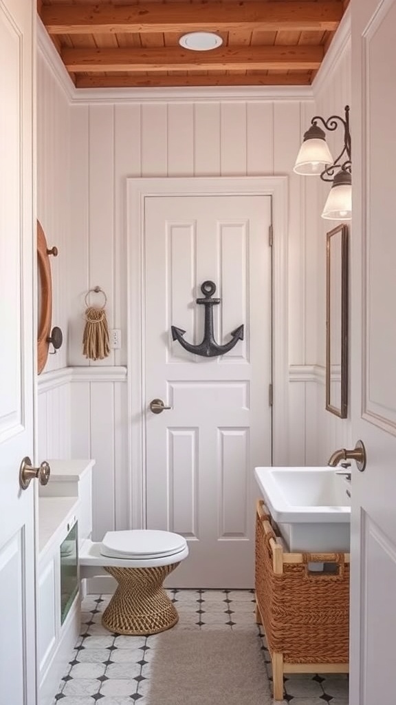 A bathroom featuring beadboard casing around the door with a wooden ceiling.