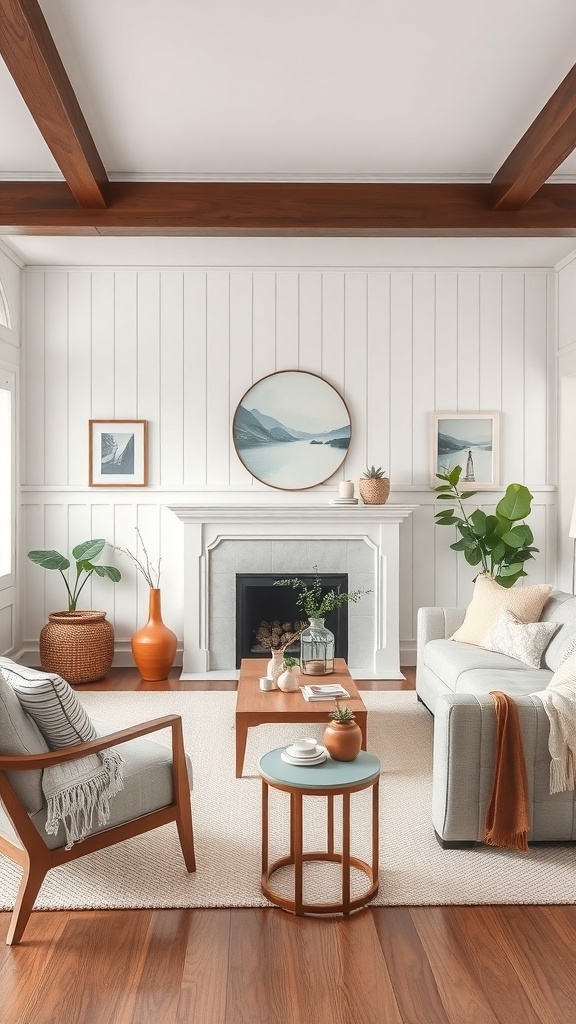 Living room featuring beadboard walls, wooden beams, and stylish furniture.