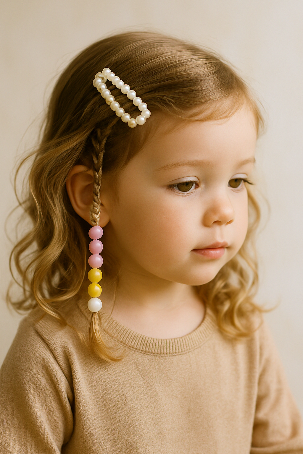 A toddler with curly hair styled with beaded hair accessories, featuring a braid with colorful beads.