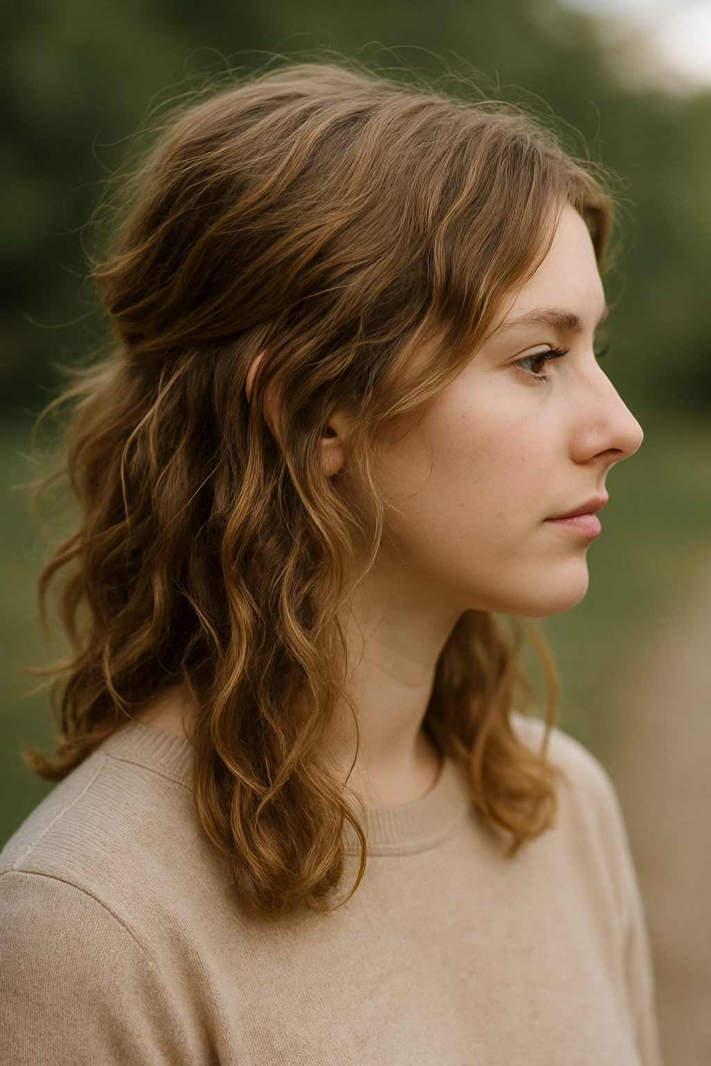 A close-up of a young girl with curly hair styled in beaded twists with ribbons.