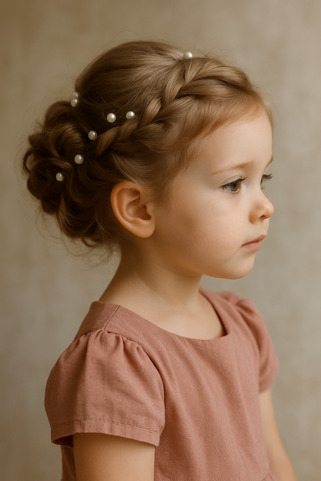 A toddler with a beaded updo hairstyle, featuring a braided bun and delicate beads, wearing a soft pink dress.