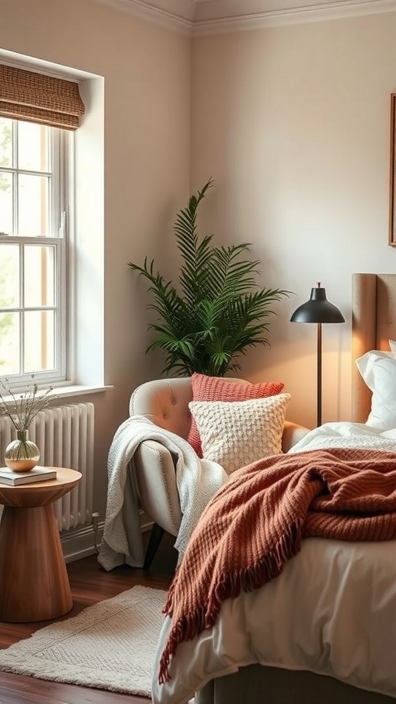 A cozy bedroom reading nook with a chair, blanket, pillows, and a plant.