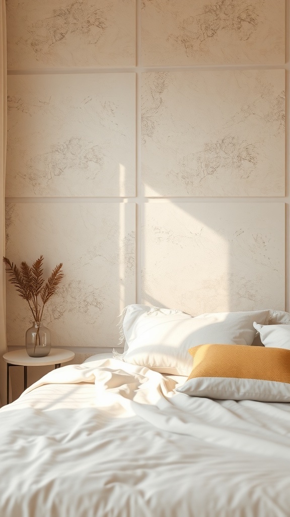 A cozy bedroom featuring beige and cream wall textures, a neatly made bed with white linens and a yellow accent pillow, and a small plant on a bedside table.