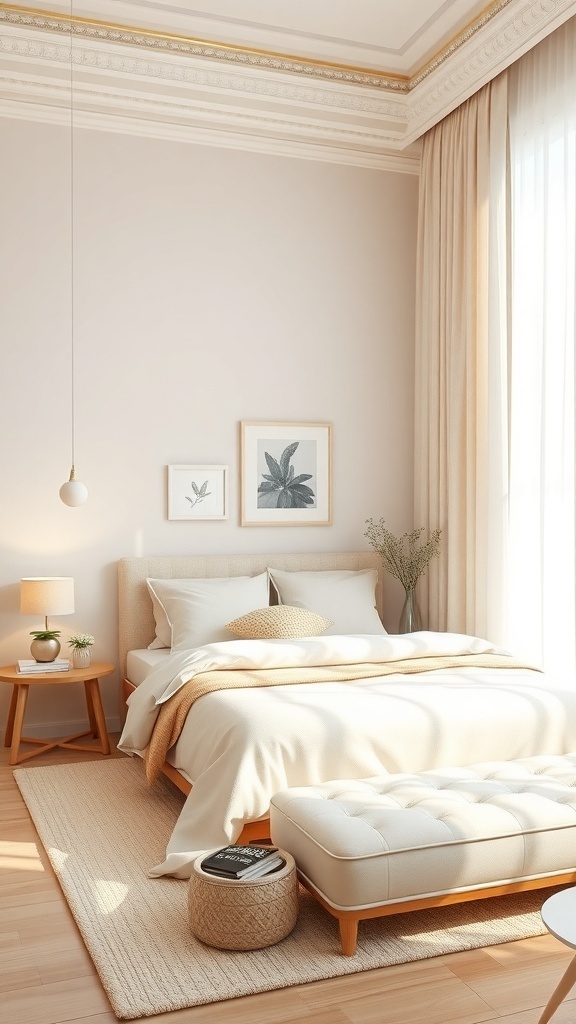 A cozy beige and white bedroom with soft bedding, wooden furniture, and natural light.