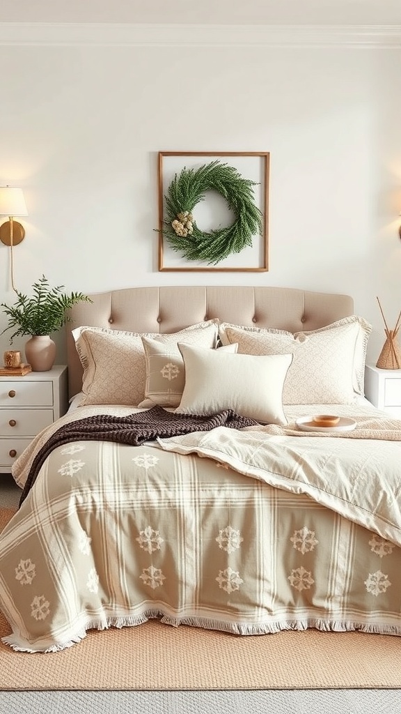 A cozy beige bedroom featuring patterned bedding, decorative pillows, and a wall wreath.
