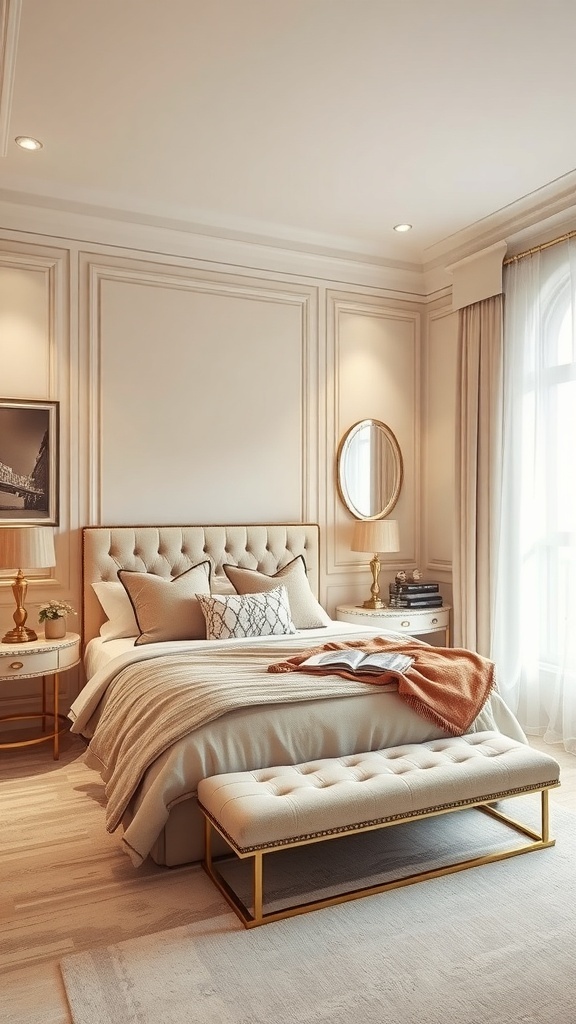 A cozy beige bedroom featuring a plush bed, gold-accented furniture, and natural light.
