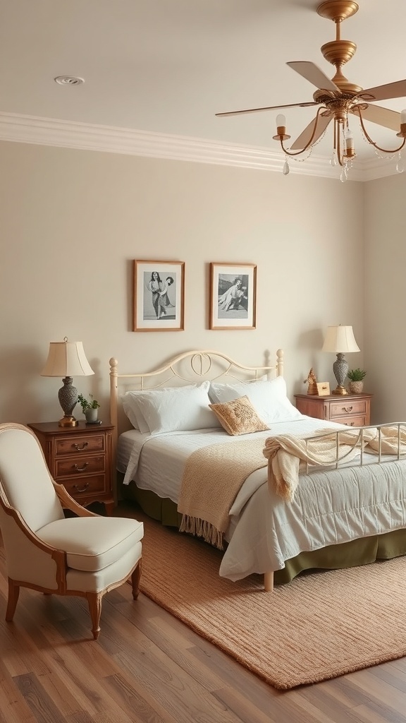 Cozy beige bedroom with vintage touches, featuring a wooden bed, bedside lamps, vintage artwork, and a comfortable chair.
