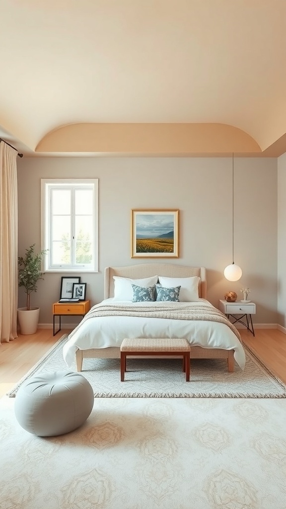 A cozy beige bedroom with a curved beige ceiling, light wooden floors, and neutral furnishings.