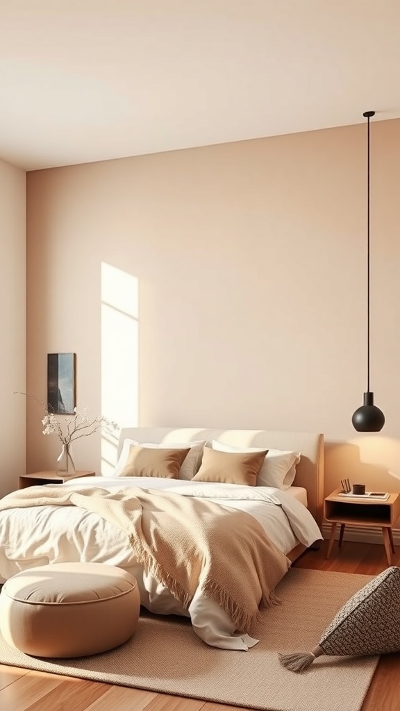 A cozy beige bedroom featuring soft tones, natural wood accents, and modern lighting.
