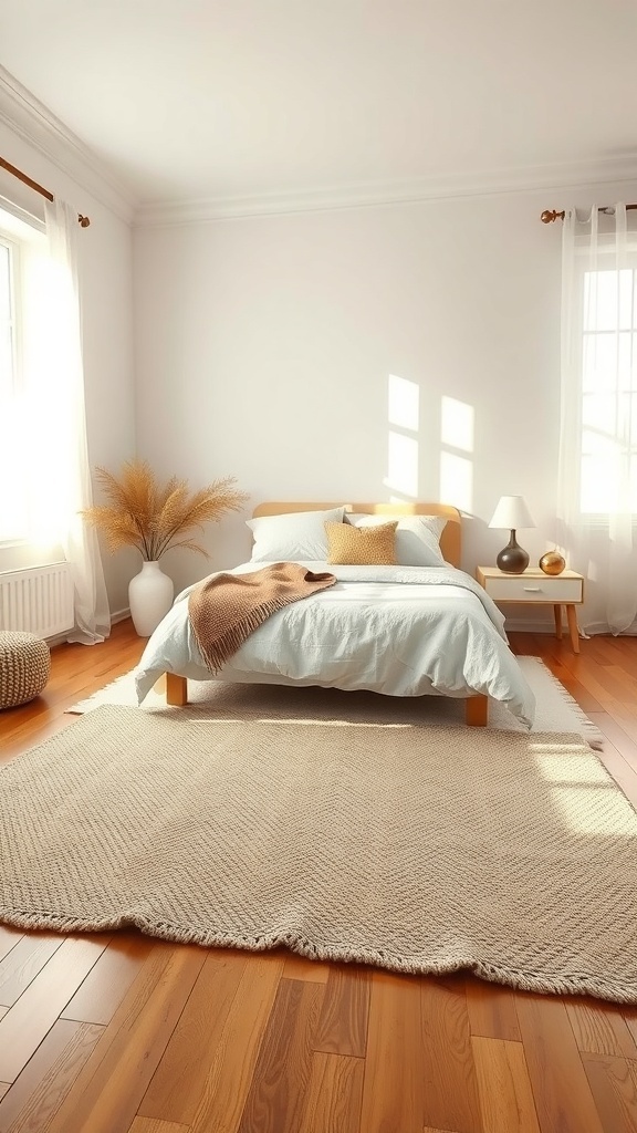 A cozy beige rug on wooden floors in a bright bedroom with soft blue bedding and natural light.