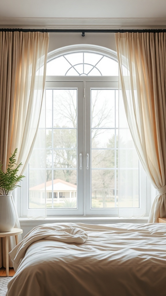 A cozy bedroom with beige window treatments, showcasing light curtains framing a window with a view.
