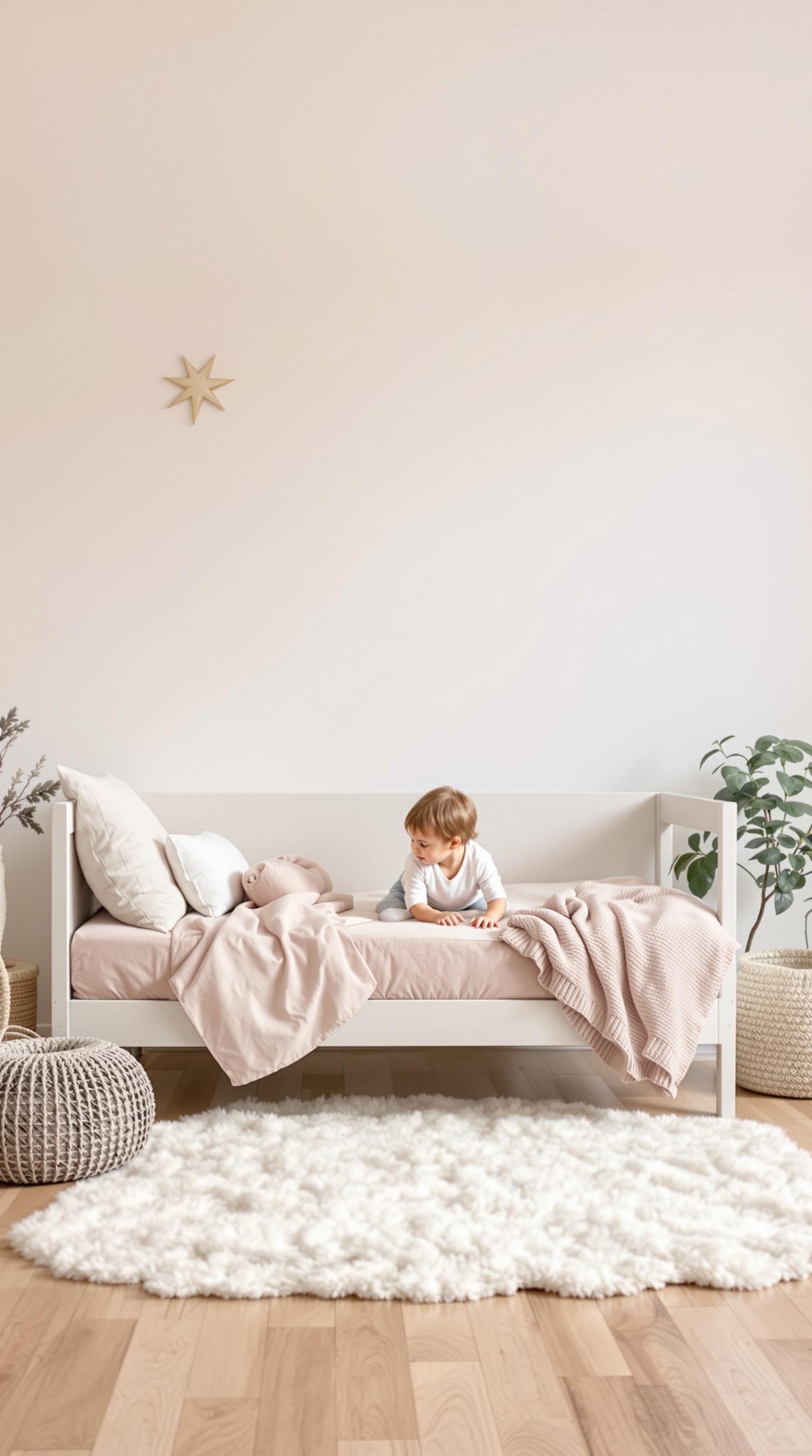 A toddler sitting on a low bed with soft blankets and pillows in a cozy room.