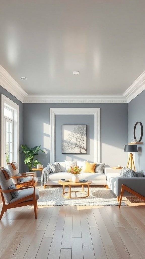 A modern living room featuring grey walls and matching ceiling, showcasing bright furniture and natural light.