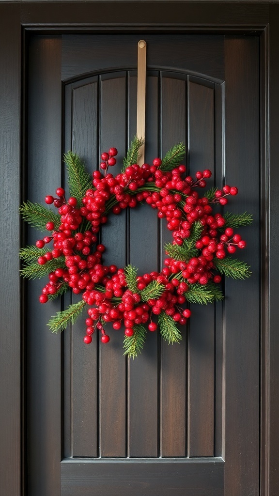 A winter wreath with red berries and green pine hanging on a dark wooden door.