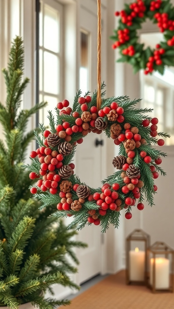 A winter wreath made of red berries and pinecones hanging on a door